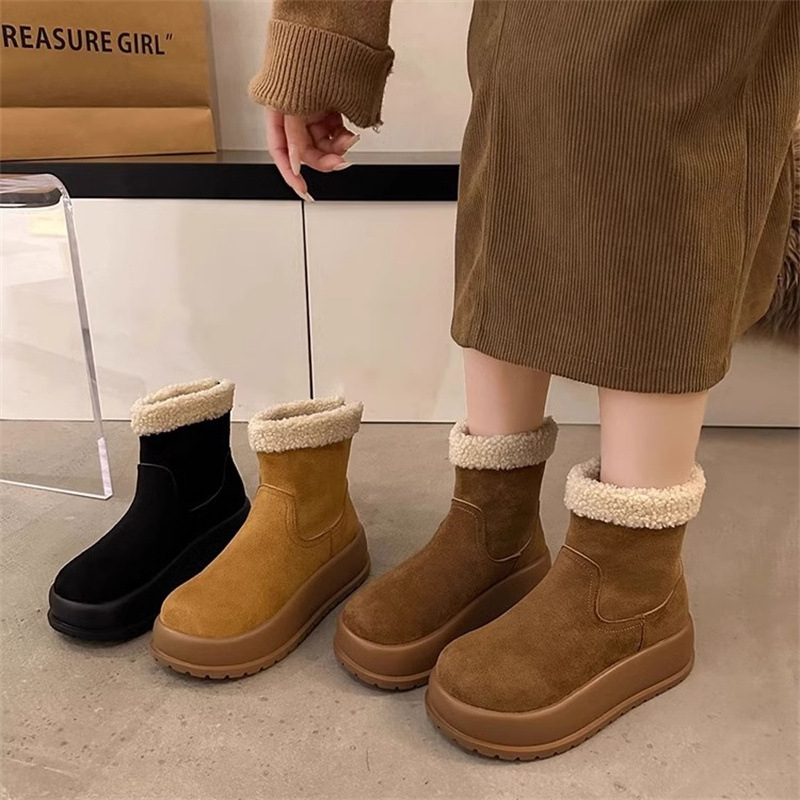 Ženske čizme za snijeg s debelim potplatom, stražnji zatvarač, gornji dio nubuka, gumeni potplat, kratka visina čizme, podstava od umjetnog pliša
