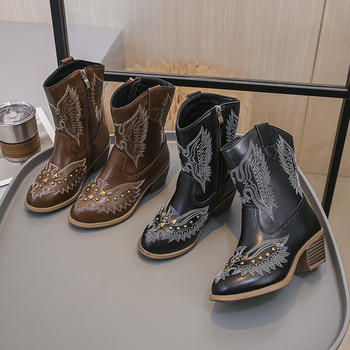 Dječje čizme za djevojčice u retro Western stilu sa kristalima i izvezenim detaljima, visokim gornjim dijelom, od umjetne kože, jednobojni uzorak, gumeni potplat, za uzrast 7–16 godina