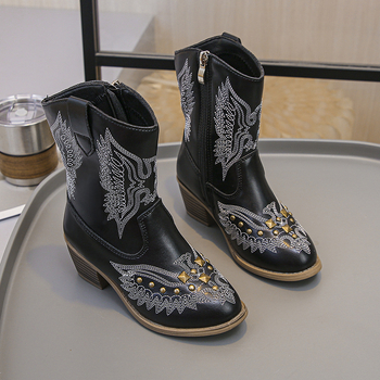 Dječje čizme za djevojčice u retro Western stilu sa kristalima i izvezenim detaljima, visokim gornjim dijelom, od umjetne kože, jednobojni uzorak, gumeni potplat, za uzrast 7–16 godina