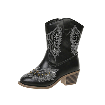 Dječje čizme za djevojčice u retro Western stilu sa kristalima i izvezenim detaljima, visokim gornjim dijelom, od umjetne kože, jednobojni uzorak, gumeni potplat, za uzrast 7–16 godina