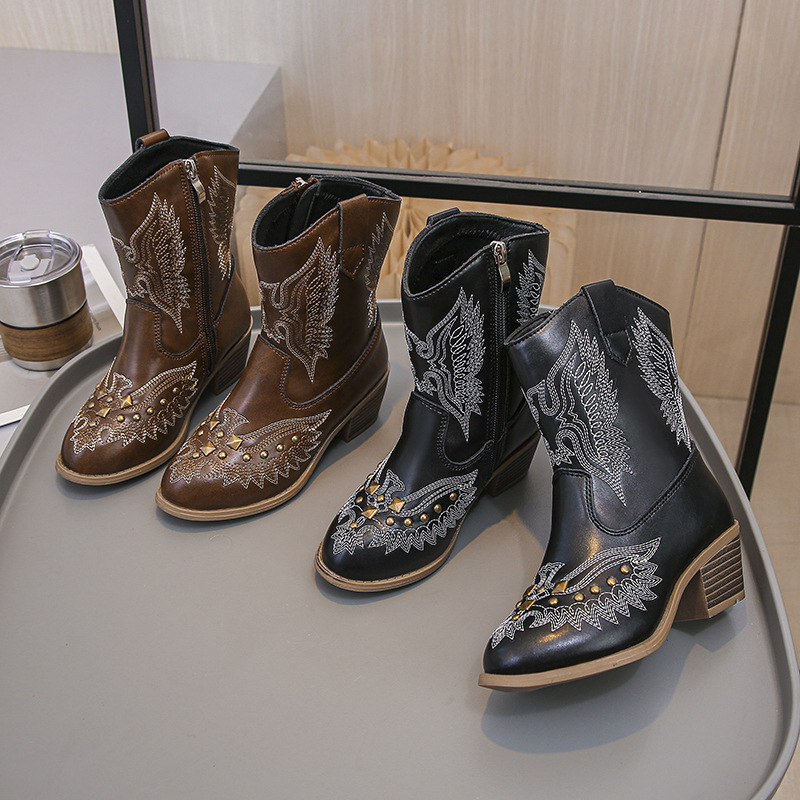 Dječje čizme za djevojčice u retro Western stilu sa kristalima i izvezenim detaljima, visokim gornjim dijelom, od umjetne kože, jednobojni uzorak, gumeni potplat, za uzrast 7–16 godina