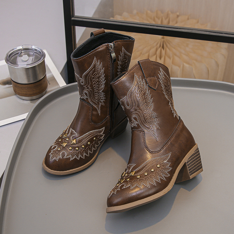 Dječje čizme za djevojčice u retro Western stilu sa kristalima i izvezenim detaljima, visokim gornjim dijelom, od umjetne kože, jednobojni uzorak, gumeni potplat, za uzrast 7–16 godina