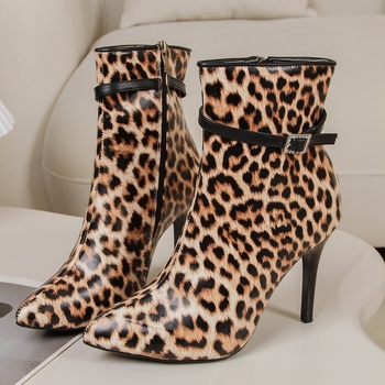 Leopard uzorak PU gležnjače sa bočnim zatvaračem, šiljat vrh, tanak štikla iznad 8 cm