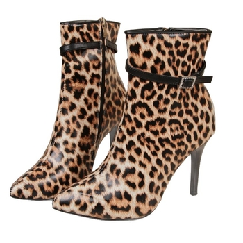 Leopard uzorak PU gležnjače sa bočnim zatvaračem, šiljat vrh, tanak štikla iznad 8 cm