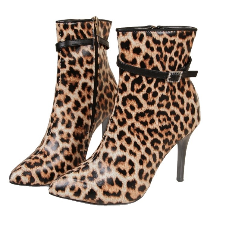 Leopard uzorak PU gležnjače sa bočnim zatvaračem, šiljat vrh, tanak štikla iznad 8 cm
