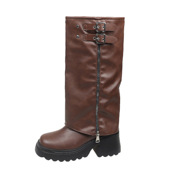 Viteške čizme iznad koljena za žene, PU gornji dio, gumeni đon, zaobljeni vrh, debeli pet 6-8 cm