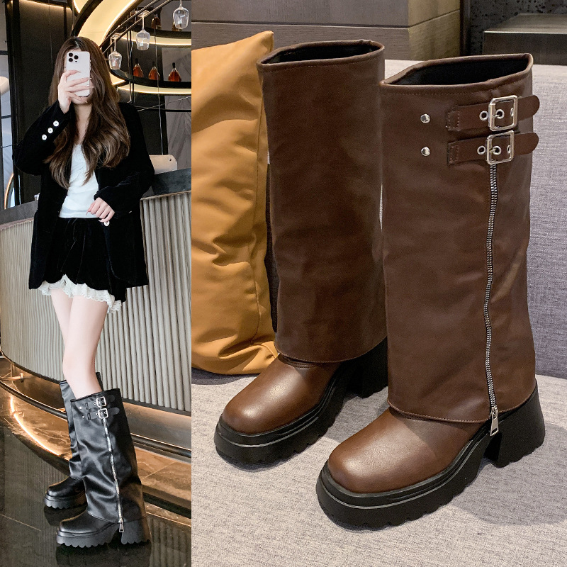 Viteške čizme iznad koljena za žene, PU gornji dio, gumeni đon, zaobljeni vrh, debeli pet 6-8 cm