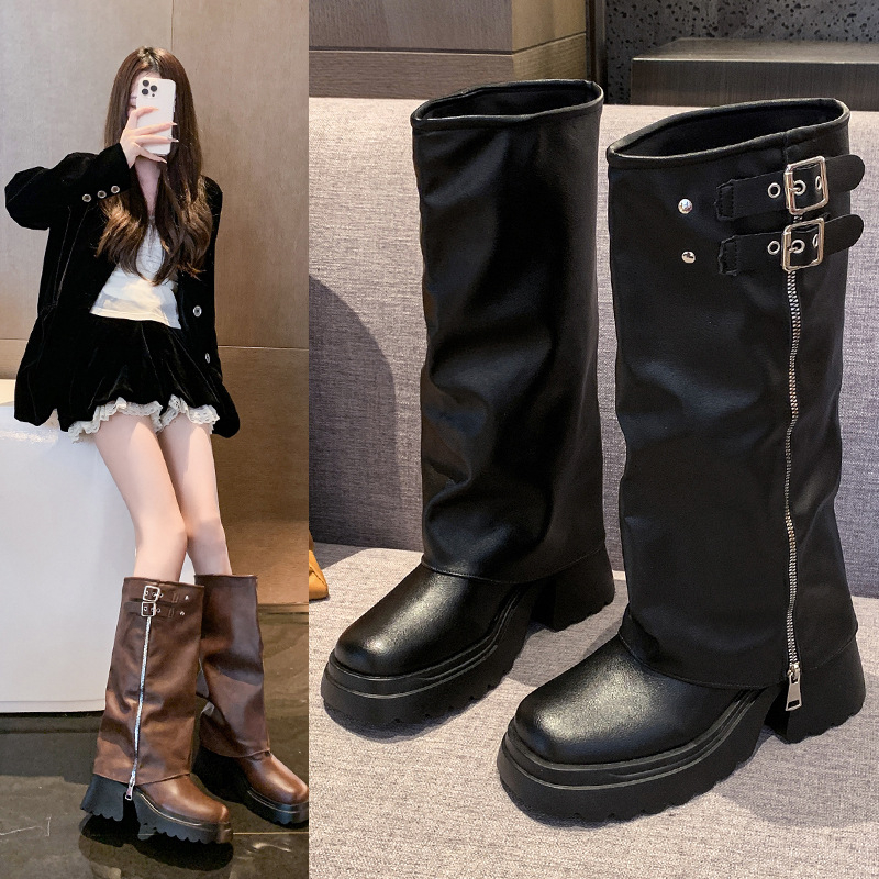 Viteške čizme iznad koljena za žene, PU gornji dio, gumeni đon, zaobljeni vrh, debeli pet 6-8 cm