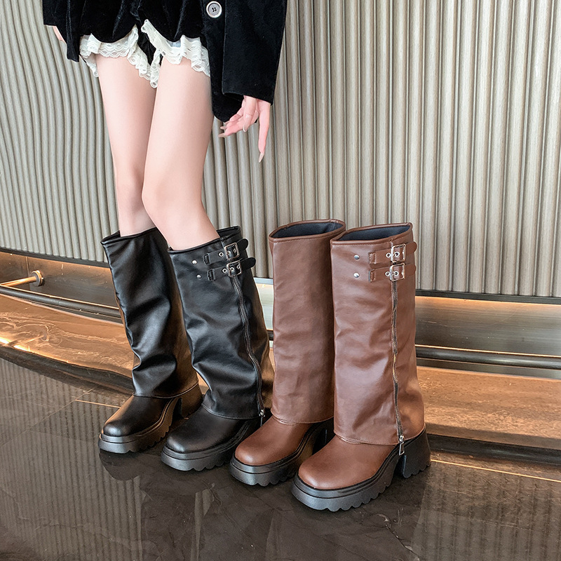Viteške čizme iznad koljena za žene, PU gornji dio, gumeni đon, zaobljeni vrh, debeli pet 6-8 cm