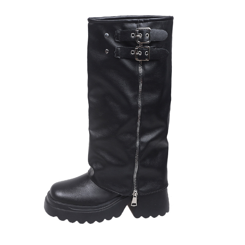 Viteške čizme iznad koljena za žene, PU gornji dio, gumeni đon, zaobljeni vrh, debeli pet 6-8 cm