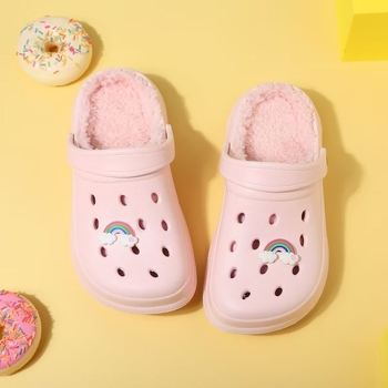 Papuci de interior pentru copii, cu vârfuri acoperite, EVA pe partea superioară și talpă EVA, căptuți cu fleece, model desen animat, pentru vârsta 1–12 ani