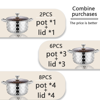 Sada riadu z nerezovej ocele so skleneným poklopom – 201 nerezová oceľ, viacvrstvové dno, nekĺzavý povrch, obsahuje hrniec a pokrievku, vhodný pre plynový sporák