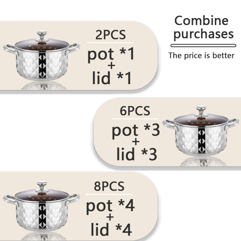 Sada riadu z nerezovej ocele so skleneným poklopom – 201 nerezová oceľ, viacvrstvové dno, nekĺzavý povrch, obsahuje hrniec a pokrievku, vhodný pre plynový sporák