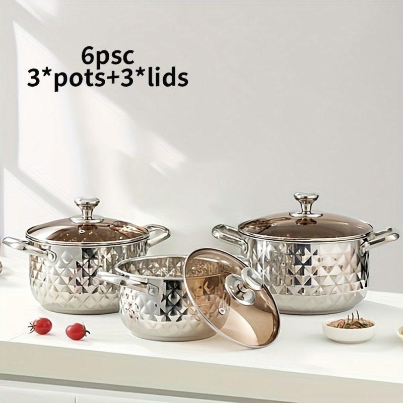 Sada riadu z nerezovej ocele so skleneným poklopom – 201 nerezová oceľ, viacvrstvové dno, nekĺzavý povrch, obsahuje hrniec a pokrievku, vhodný pre plynový sporák