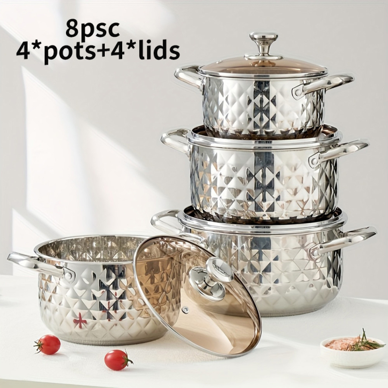 Sada riadu z nerezovej ocele so skleneným poklopom – 201 nerezová oceľ, viacvrstvové dno, nekĺzavý povrch, obsahuje hrniec a pokrievku, vhodný pre plynový sporák