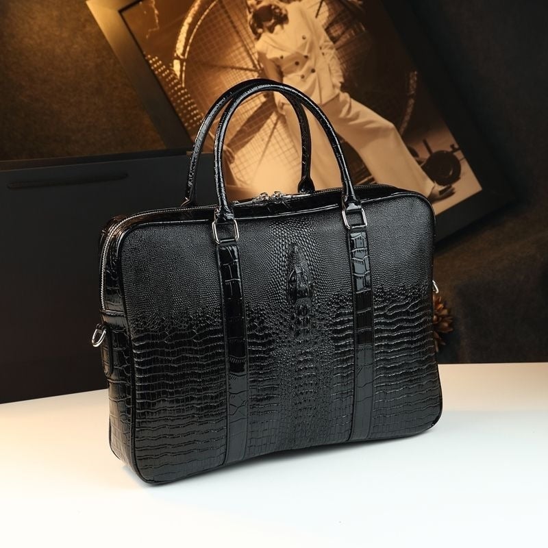 Férfi krokodil mintázatú bőr üzleti táska, 2025 tavasz, kopásálló; anyagok: marhabőr, juhbőr, PU; bélés: poliészter; ideális üzleti utazásokhoz