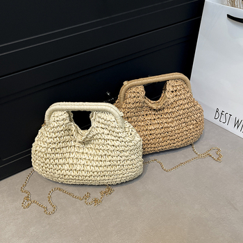 Ženska torba od slame za rame s dvostrukom lančanim remenom, magnetsko zatvaranje, crossbody stil, vodoravni pravokutni oblik