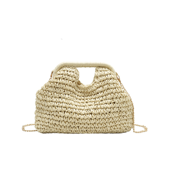 Ženska torba od slame za rame s dvostrukom lančanim remenom, magnetsko zatvaranje, crossbody stil, vodoravni pravokutni oblik