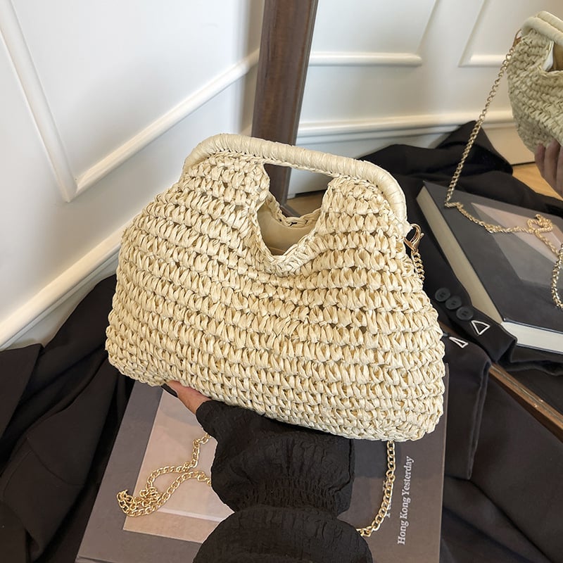 Ženska torba od slame za rame s dvostrukom lančanim remenom, magnetsko zatvaranje, crossbody stil, vodoravni pravokutni oblik