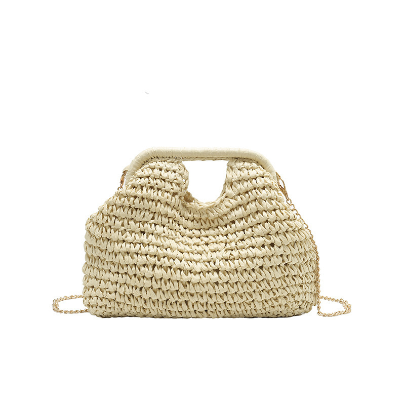 Ženska torba od slame za rame s dvostrukom lančanim remenom, magnetsko zatvaranje, crossbody stil, vodoravni pravokutni oblik