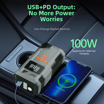 Auto štartér pre núdzové použitie a prenosná nafukovačka pneumatík s digitálnym displejom, Type-C nabíjanie, 14.8V, 80W, 25 L/min, prevádzková doba viac ako 20 min