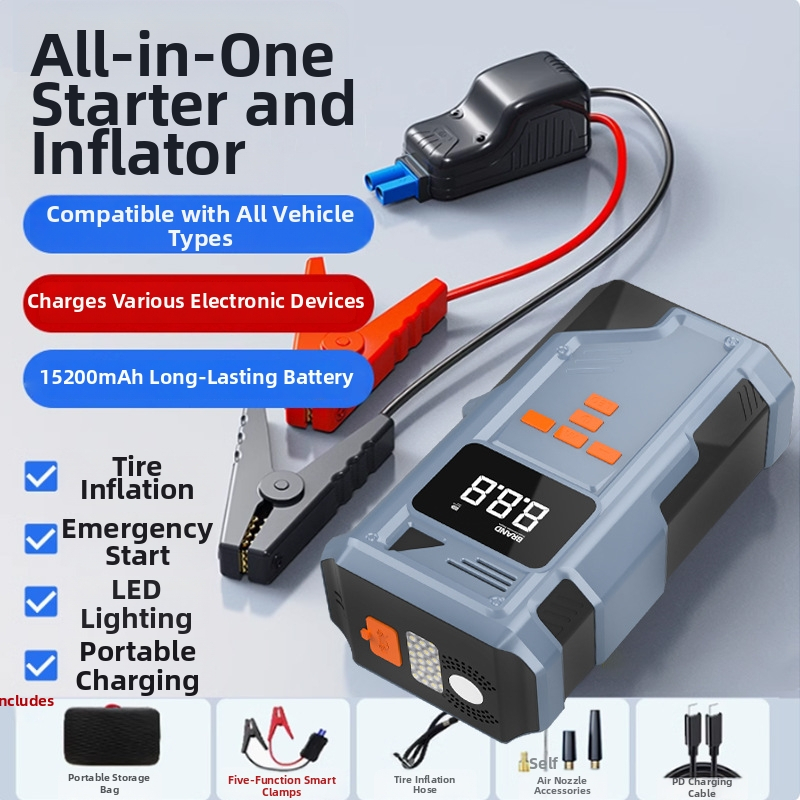Auto štartér pre núdzové použitie a prenosná nafukovačka pneumatík s digitálnym displejom, Type-C nabíjanie, 14.8V, 80W, 25 L/min, prevádzková doba viac ako 20 min