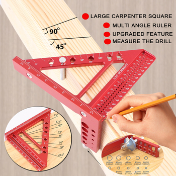 Hlinírový trojuholník 45°/90° s 3D viacfunkčnou otvorovou stupnicou pre stolárstvo