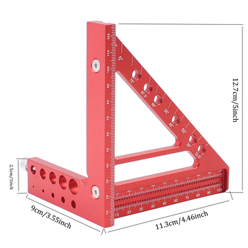 Hlinírový trojuholník 45°/90° s 3D viacfunkčnou otvorovou stupnicou pre stolárstvo