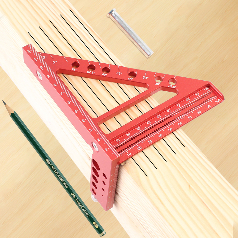 Hlinírový trojuholník 45°/90° s 3D viacfunkčnou otvorovou stupnicou pre stolárstvo