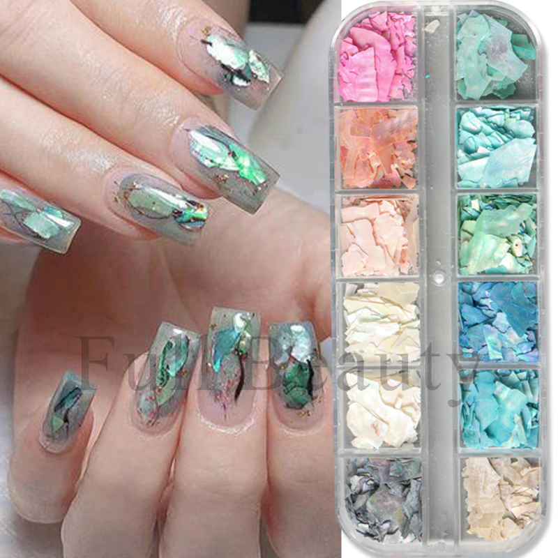 Set za manikuru s irizirajućim Bohai Bay mikama, komadi abalona i školjki – 15 g, licencirana privatna oznaka, Full Beauty