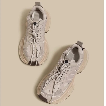 Ženske cipele tip dad shoes s debelim potplatom, PU gornji dio, gumena potplat, visina pete 3–5 cm, prednje šivanje s vezicama, povećanje visine, za sve sezone