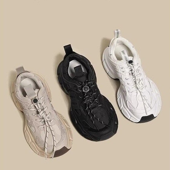 Ženske cipele tip dad shoes s debelim potplatom, PU gornji dio, gumena potplat, visina pete 3–5 cm, prednje šivanje s vezicama, povećanje visine, za sve sezone