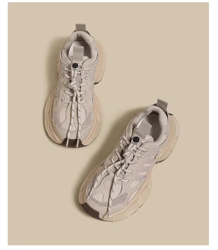 Ženske cipele tip dad shoes s debelim potplatom, PU gornji dio, gumena potplat, visina pete 3–5 cm, prednje šivanje s vezicama, povećanje visine, za sve sezone