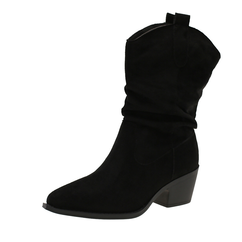 Ženske modne čizme - debeli pet, visoki šev, gumeni potplat