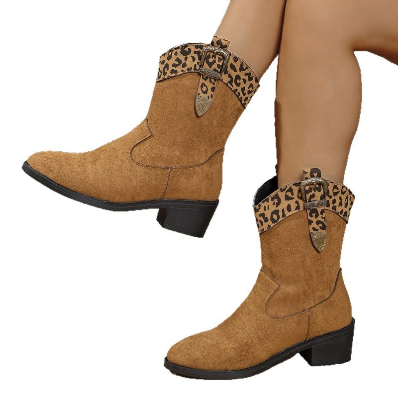 Ženske modne čizme, PU gornji dio, velur shaft, zaobljeni nos, chunky srednja potpetica, slip-on, europski i američki stil