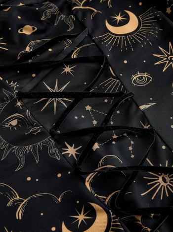 Gotička haljina A-linije s dekolrom na jedno rame, zvonasti rukavi, korejski mrežasti materijal, digitalni tisak, uzor kosmičkog zvjezdanog neba