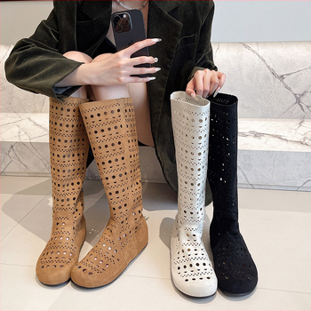 Ženske visoke čizme za jahanje, prozračni mikrovlaknast gornji dio, gumeni đon, pull-on, povećanje visine