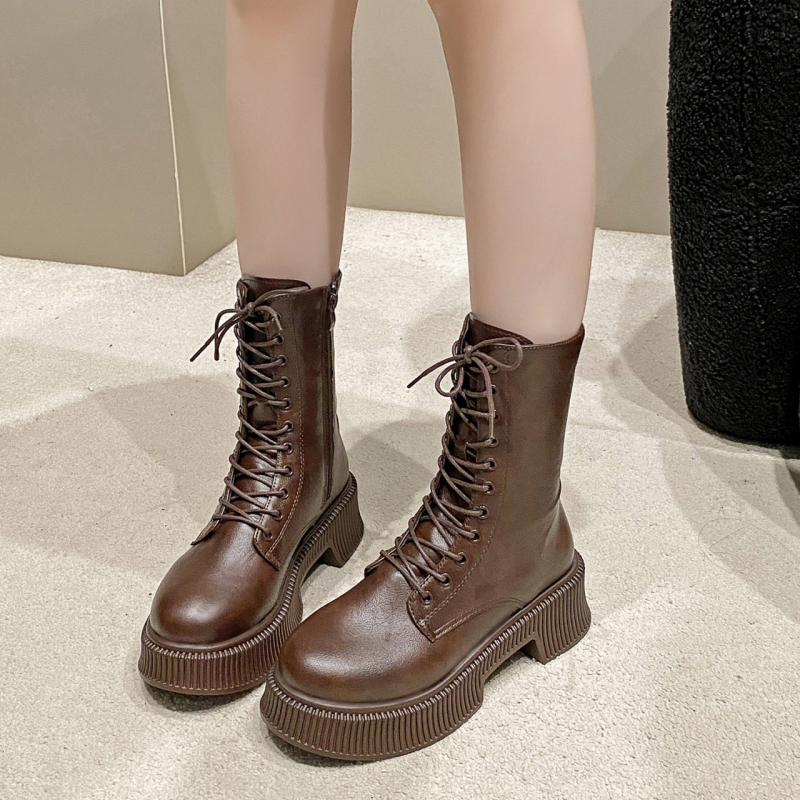 Ženske Martin čizme do polovice potkoljenice, korejski stil, okrugla prst, 3–5 cm srednji potpetica, bočni zip