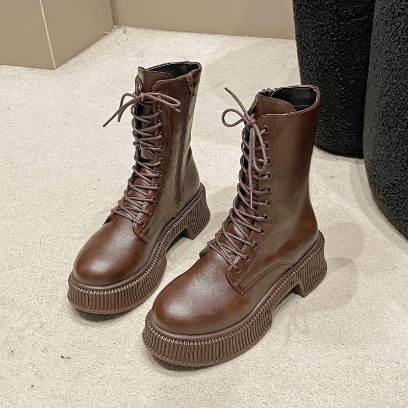 Ženske Martin čizme do polovice potkoljenice, korejski stil, okrugla prst, 3–5 cm srednji potpetica, bočni zip