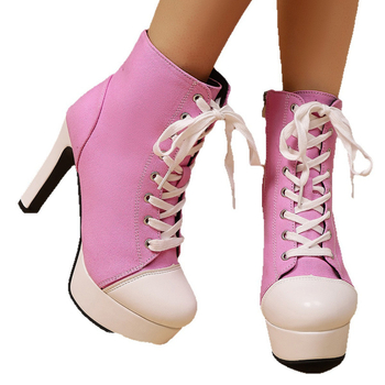 Ženske Martin čizme – platnene gornje, okrugla vrh, niski potkoljenica, masivan visok potpetica (>8 cm), prednje vezanje