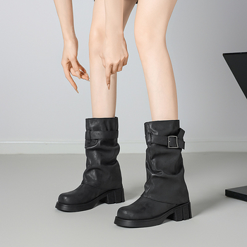 Moderne čizme od umjetne kože, gumena potplata, srednji potpetica 3-5 cm, okrugla vrh, niski kroj čizme