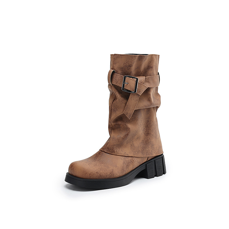 Moderne čizme od umjetne kože, gumena potplata, srednji potpetica 3-5 cm, okrugla vrh, niski kroj čizme