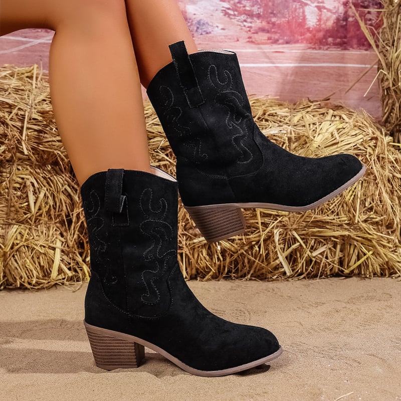 Čizme za jahanje s unutarnjim povećanjem visine, retro zapadnjački stil, oštar vrh, srednje debeli potpetica, gornji dio od mikrovlakana, gumeni đon