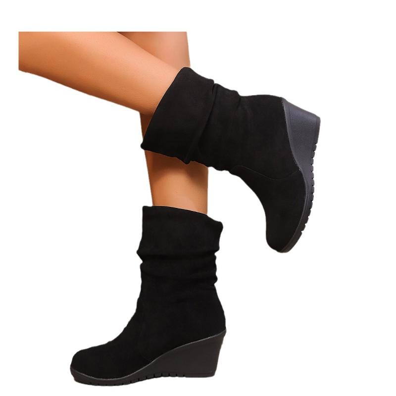 Ženske gležnjače od semiša, klinasti potpetica, okrugli vrh, niski škaraf, slip-on