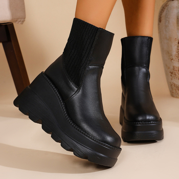 Ženske goth platform čizme s patchworkom od pletene tkanine, gornji dio od platna+PU, gumeni potplat, srednji dio potkoljenice, visina platforme 6-8 cm