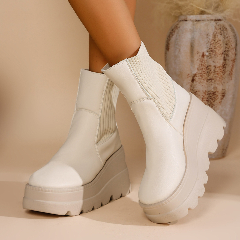 Ženske goth platform čizme s patchworkom od pletene tkanine, gornji dio od platna+PU, gumeni potplat, srednji dio potkoljenice, visina platforme 6-8 cm