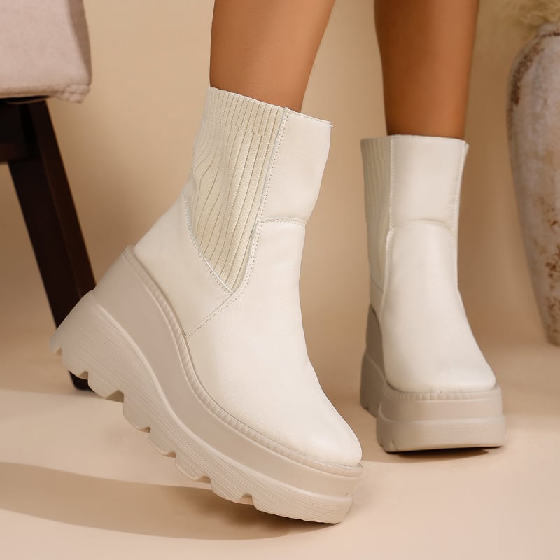 Ženske goth platform čizme s patchworkom od pletene tkanine, gornji dio od platna+PU, gumeni potplat, srednji dio potkoljenice, visina platforme 6-8 cm