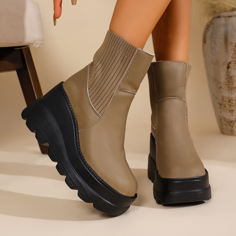 Ženske goth platform čizme s patchworkom od pletene tkanine, gornji dio od platna+PU, gumeni potplat, srednji dio potkoljenice, visina platforme 6-8 cm