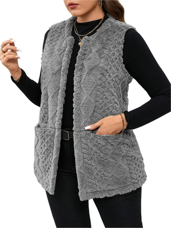 Ženska srednje duga pletena vest s okruglim izrezom, jednobojna, materijal: poliester, punilo: poliester-bambuk, jesen 2025