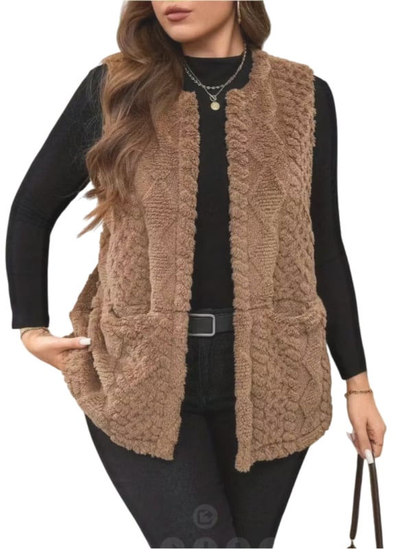 Ženska srednje duga pletena vest s okruglim izrezom, jednobojna, materijal: poliester, punilo: poliester-bambuk, jesen 2025